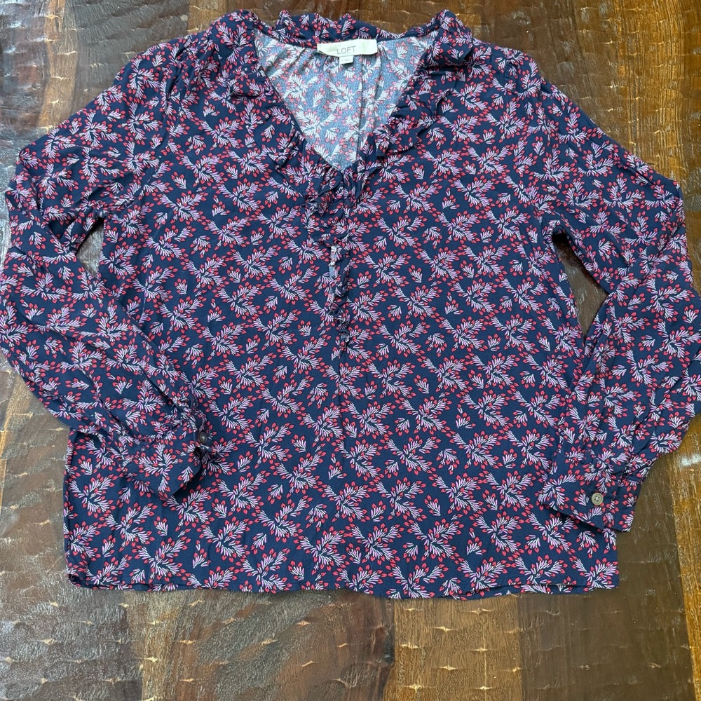 LOFT Navy and Red Leaf Print Blouse